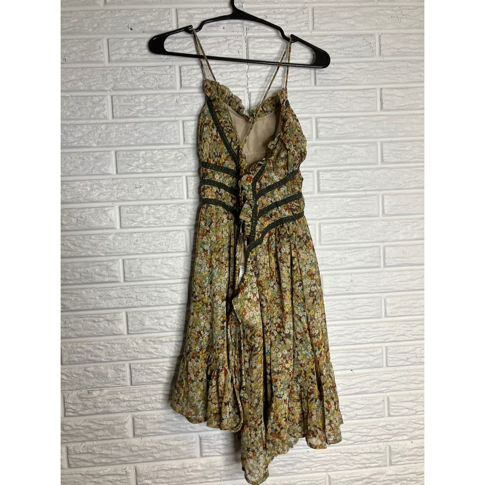 Dress Forum Mini Dress Womens S Green Floral Excellent Lace Up Ruffle FD11205 - Picture 3 of 11